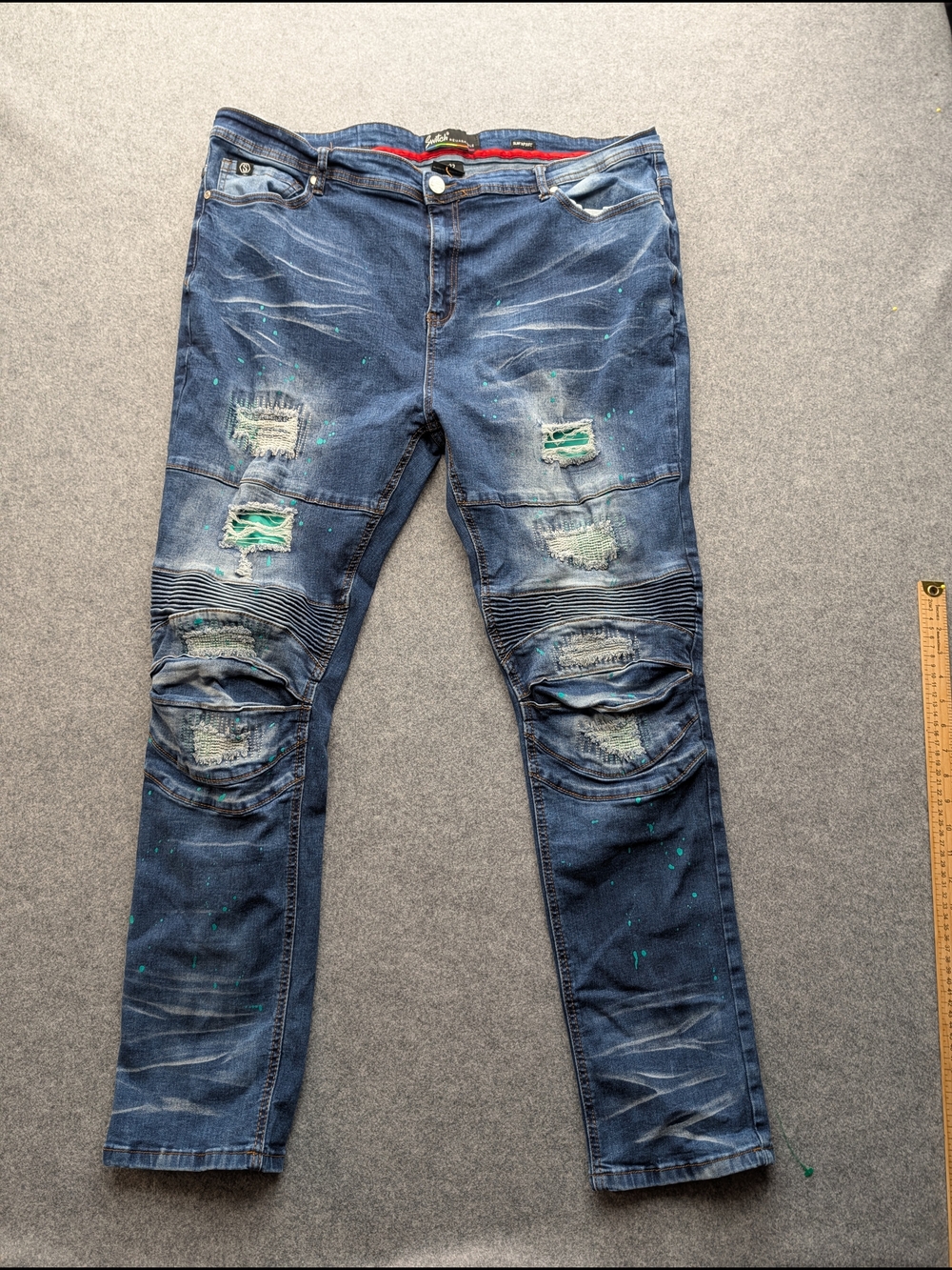 Men's Distressed Blue Moto Jeans - Casual Slim Fit